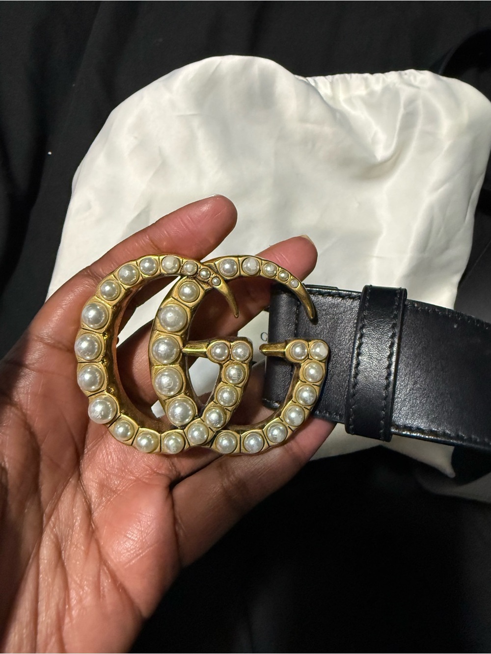 Gucci Black Leather Belt with Pearl-Embellished Gold Double G Buckle